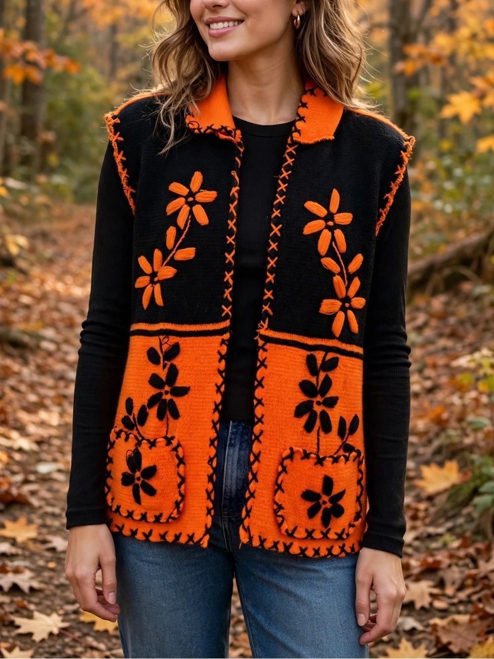 VINTAGE Made In Spain 🇪🇸 Black/Orange Floral Wool-Blend Knit Vest
